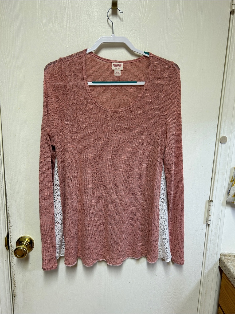 Mossimo Supply Co. Rose Pink Long Sleeve Scoop Neck Top with White Lace Insets